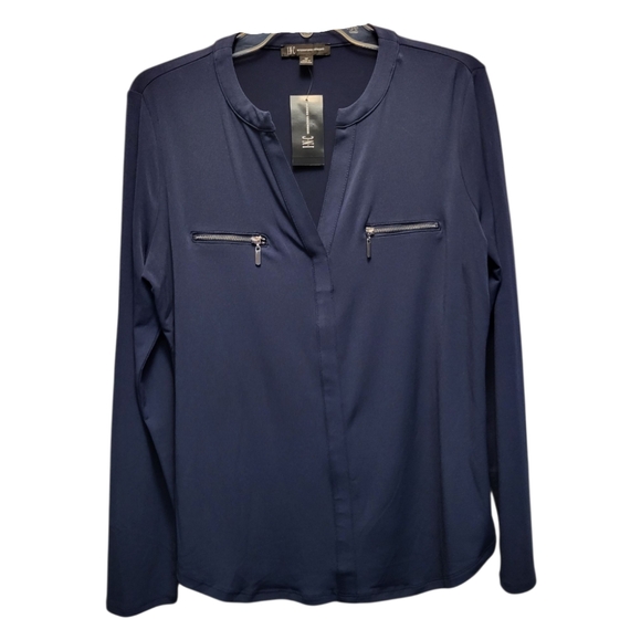NWT, INC International Concepts Women's Deep Blue Zip-Pocket Blouse - Size M - Picture 2 of 8